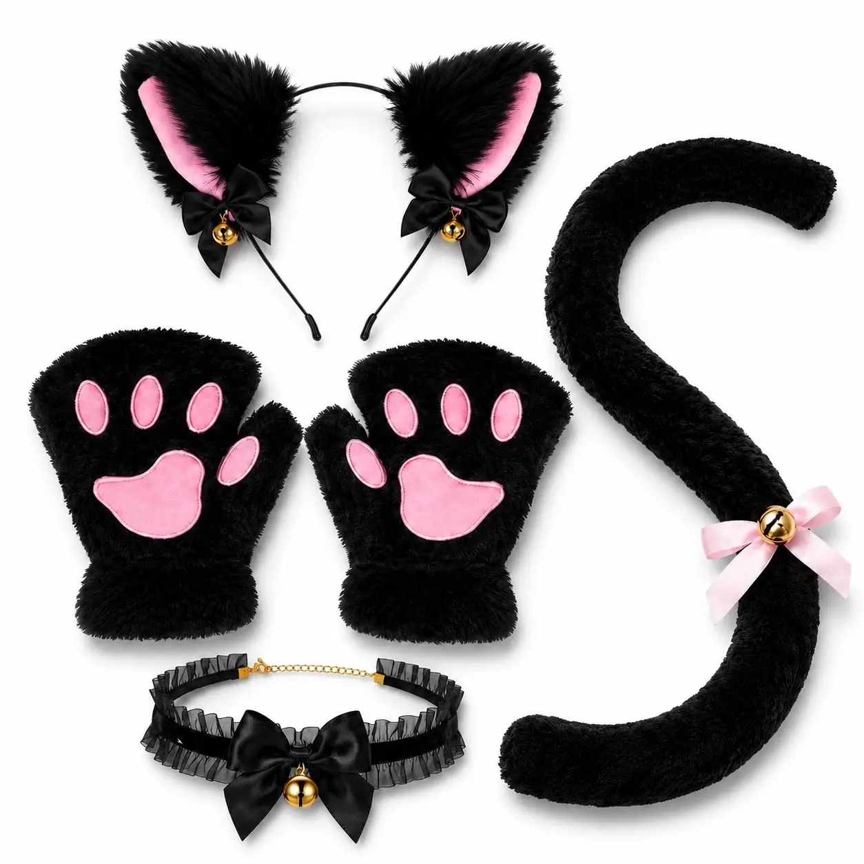 Halloween Cat Costume Set, Cat Ear Headband, Paw Gloves, Bell Choker & Tail, Cute Cosplay Party Accessory for Women