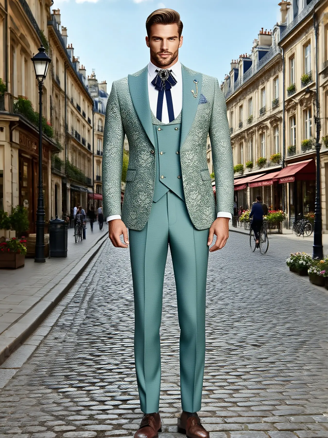 Men's Three-Piece Slim Fit Blazer Set, Double-Breasted Suit for Business, Wedding, Graduation, Formal Evening Wear, Fashionable Men's Clothing, Blazer Pant Set