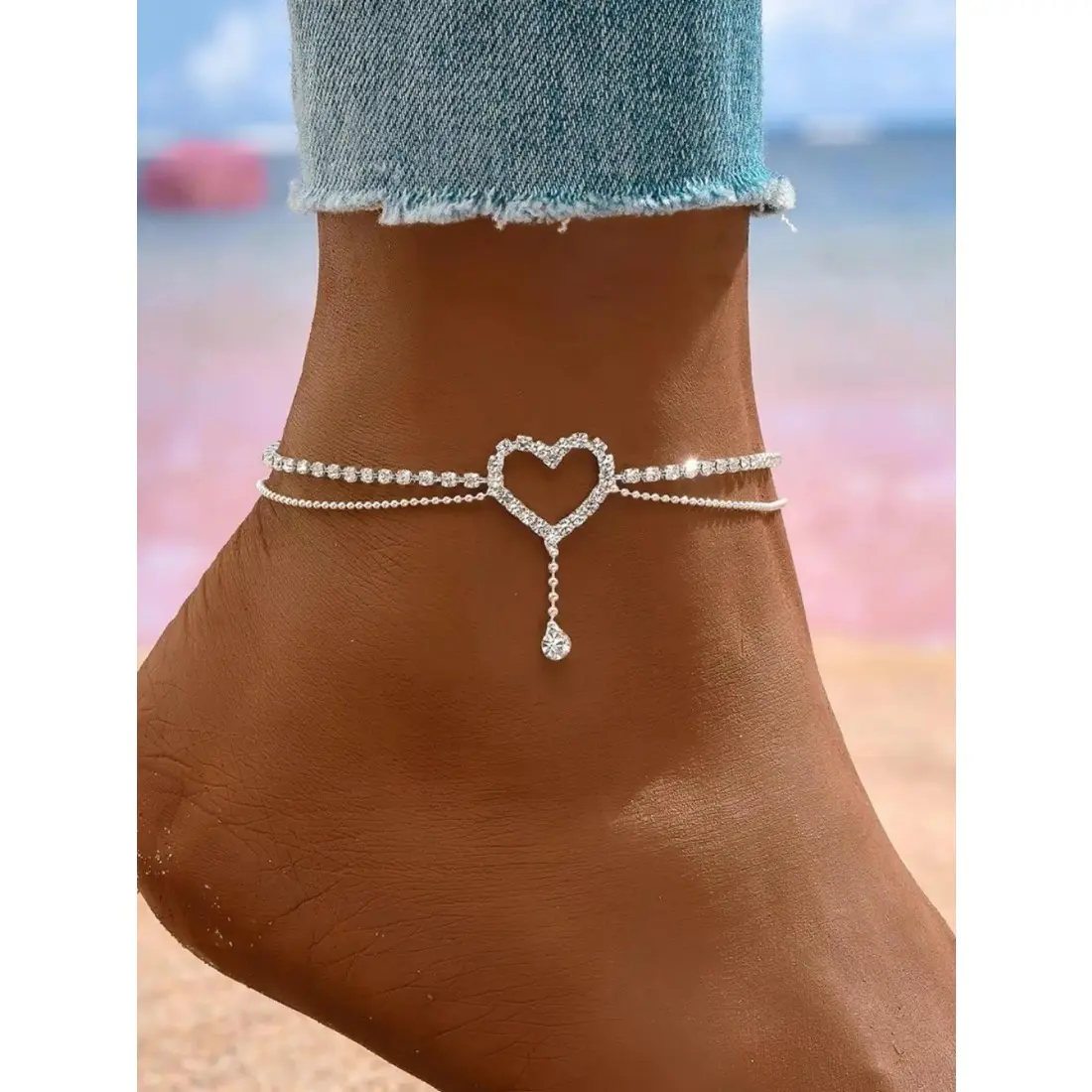 Elegant Heart Rhinestone Anklet, Fashionable Jewelry Accessories, Trendy Jewelry, Light Luxury Style, Perfect for Daily Wear, Beach Date Night, Surprise Gift Idea, Stainless Steel Chain, Foot Jewelry, Wearable Jewelry