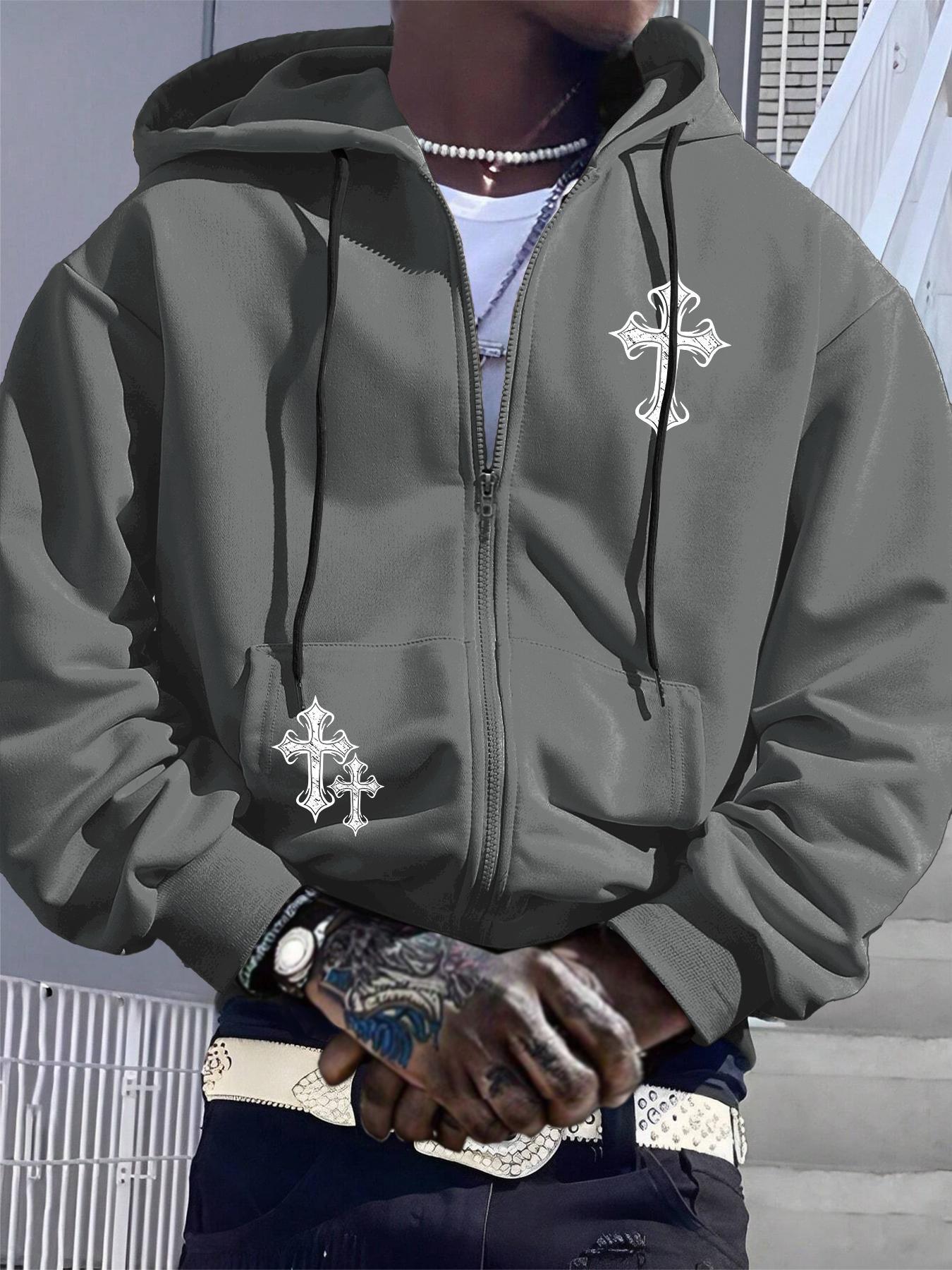 Men's Cross Print Drop Shoulder Zip Up Hoodie, Gothic Rock Hoodie, Fashion Casual Regular Fit Drawstring Pocket Hooded Sweatshirt for Daily Holiday Outdoor Wear, Men Clothes for Fall & Winter