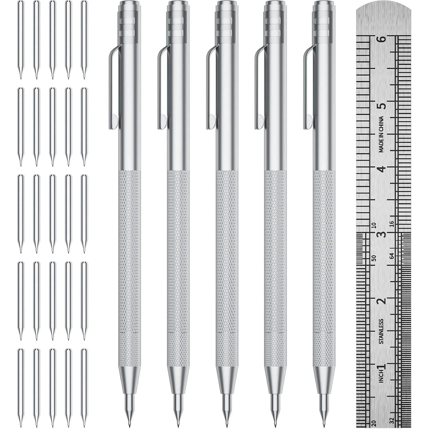 5-Pack Tungsten Carbide Scriber, Metal Scribe Tool with 25  Marking Tips & Steel Ruler - Knurled  Handle & , Engraving Pen for Glass/Ceramics/Metal Sheet (5)