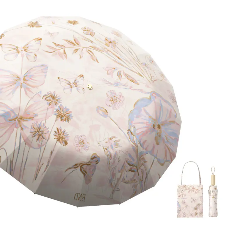 Traditional Floral Folding Umbrella for Women, Lightweight 32-Rib Wind Resistance Frame with a Comfortable Handle and UV Sun Protection, Smooth