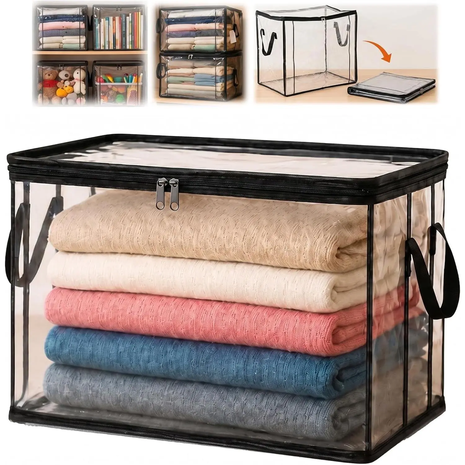 Extra Large Transparent Waterproof PVC Foldable Storage Bin - Smooth, Durable Multi-Functional Home Organiser, Heavy-Duty Thick Plastic Container with Zipper, Handles for Durable Closet Organization, Foldable Household Organizer