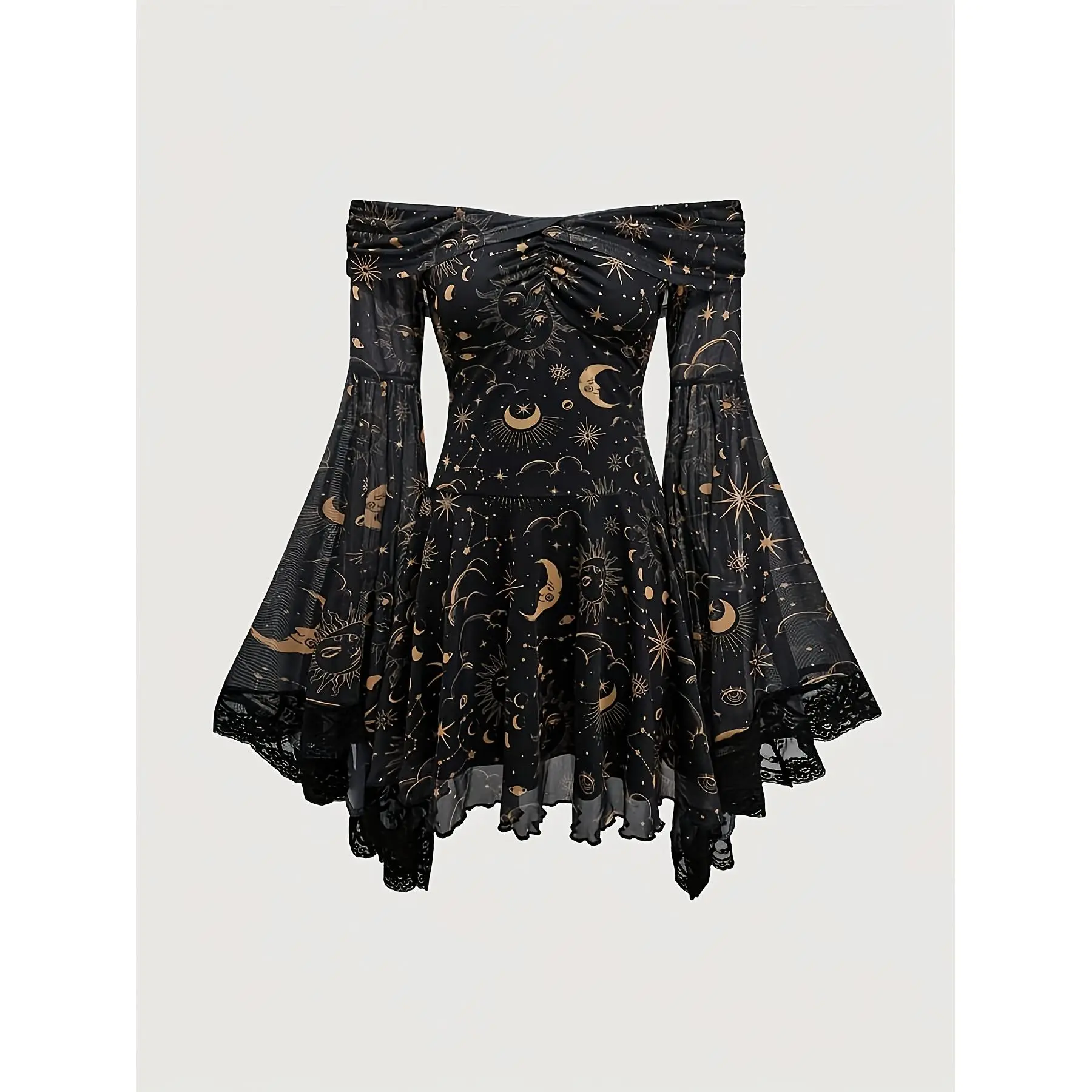 [Gothic A-Line Dress] Gothic Vintage Mysterious Star and Moon Print Shoulder Flare Sleeve Mesh A-Line Dress