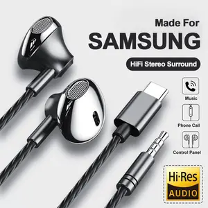 USB Type C Headphone HiFi Bass Stereo Volume Control Mic 3.5mm Wired Earbuds For Galaxy S24 S23 S22 S21 Ultra iPhone 15 Pro Max  hifi stereo earbuds