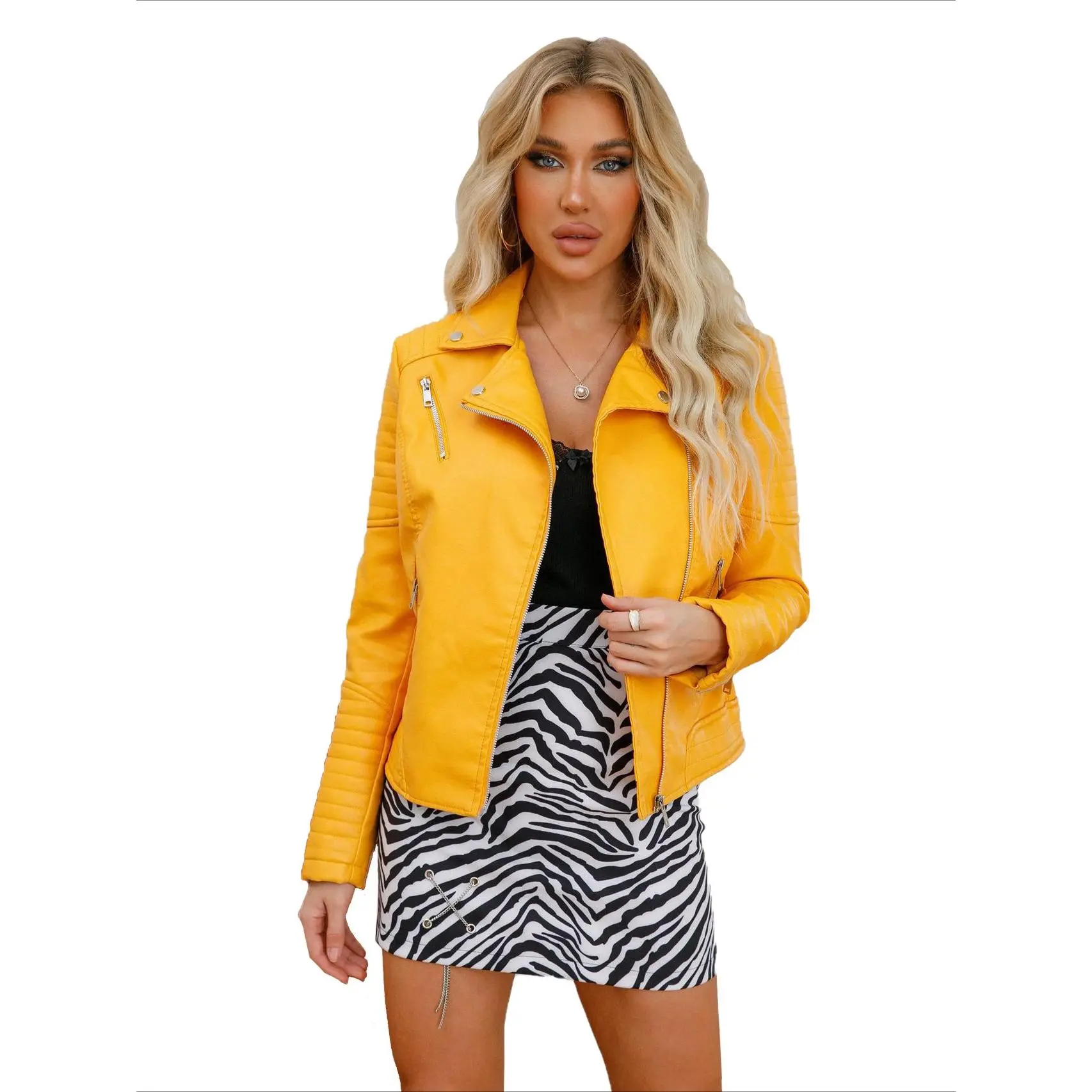 BIGWIG Women's Faux Leather Jacket, stylish biker style, casual lapel collar, lightweight short jacket, sporty retro slim-fit jacket, solid color casual long-sleeved top, parka coat