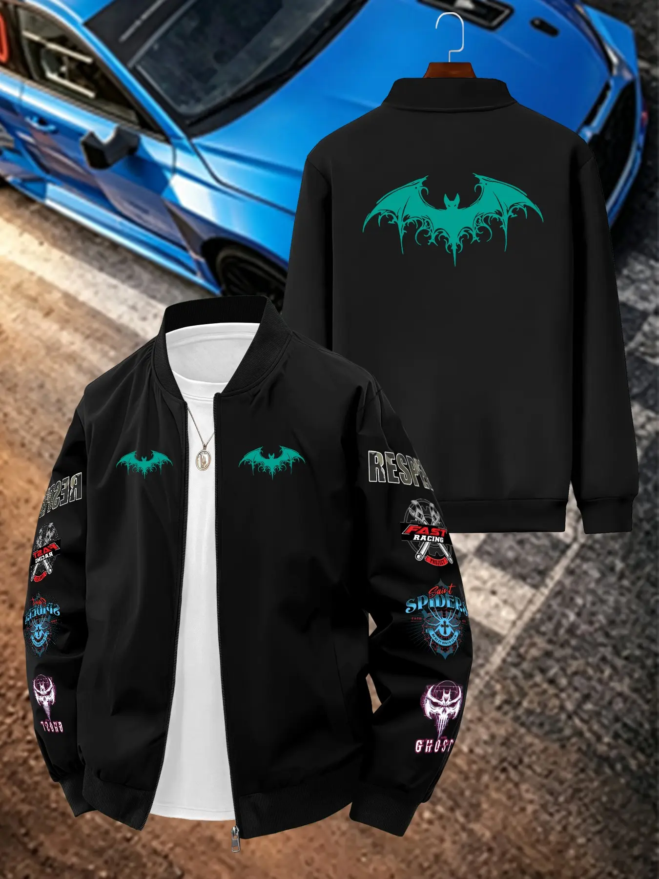 Batman Print Men's Casual Jacket, Long Sleeve Loose-Fit Trendy Outerwear, Geometric Pattern, All Seasons, Plain Surface, No Padding