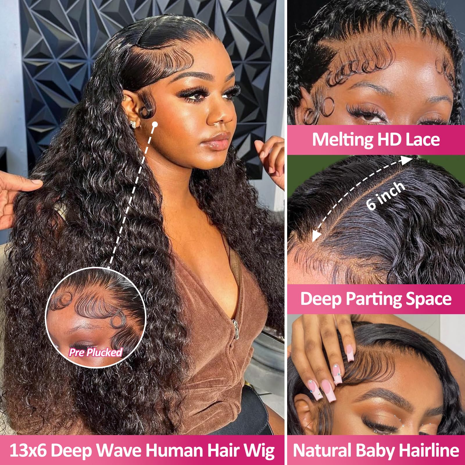 Bling Hair 13x4 13x6 HD Transparent Lace Wig Deep Wave Brazilian Human Hair Lace Frontal Wig for Women Curly Pre Plucked 36 38 Inch 180% Density Natural Hairline