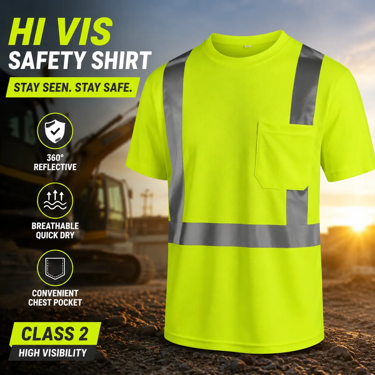 High Visibility Safety Shirts for Men, Yellow Class 2 Quick-Dry Breathable Birdseye Short Sleeve T-Shirts with Pocket and Reflective Tape for Construction Work