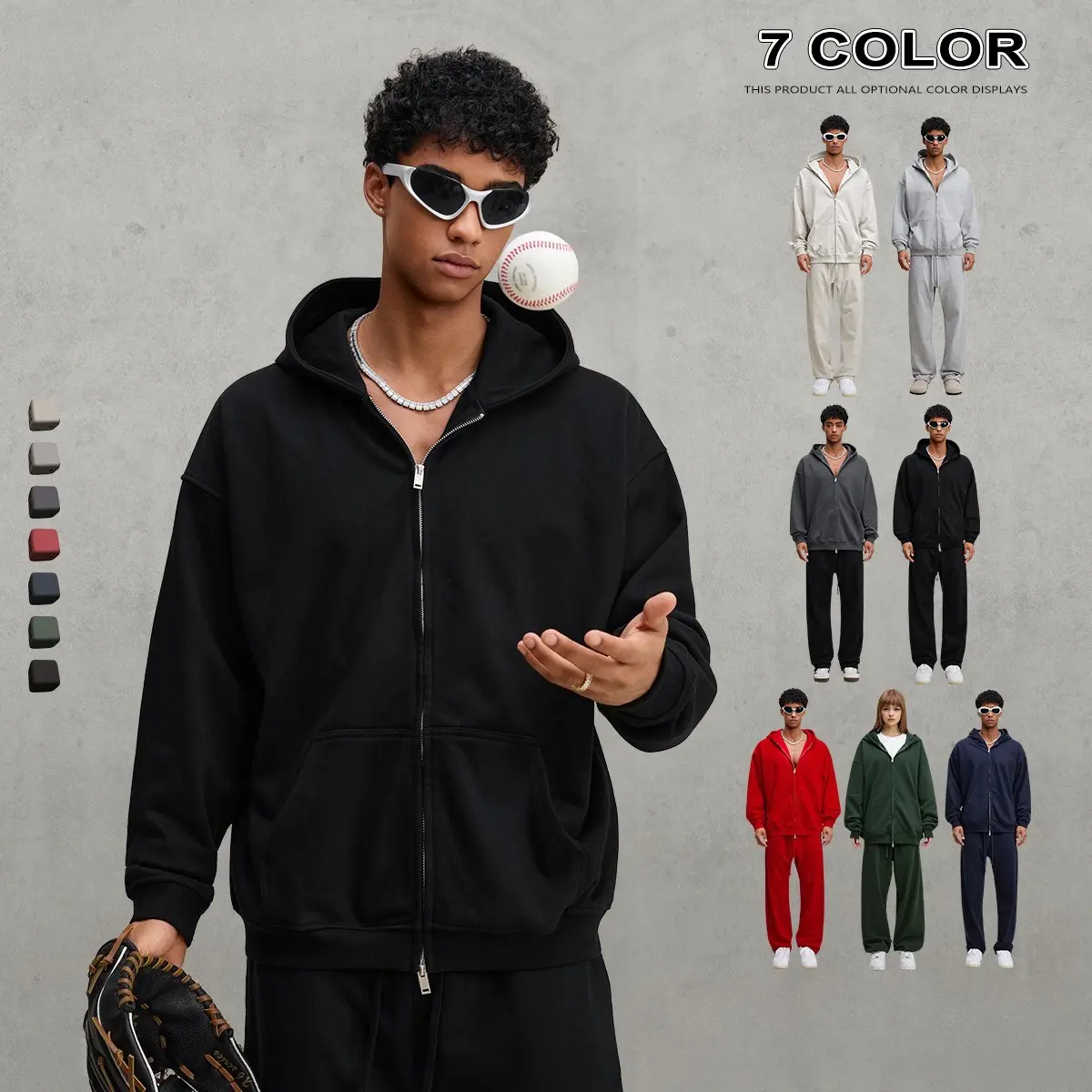 Solid Color Double-ended Zipper Sweater Fleece Hooded Cardigan Jacket Men