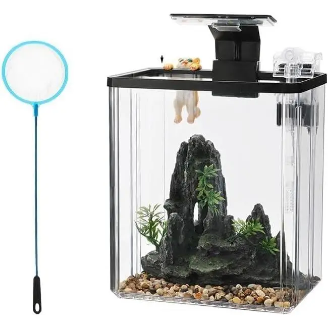 Mini 2.5 Gallon Small Animal Habitat - Plastic Aquarium Cage with LED Light & Filter - Portable Starter Kit for Betta Fish, Goldfish, Shrimp, Hamsters, or Small Pets