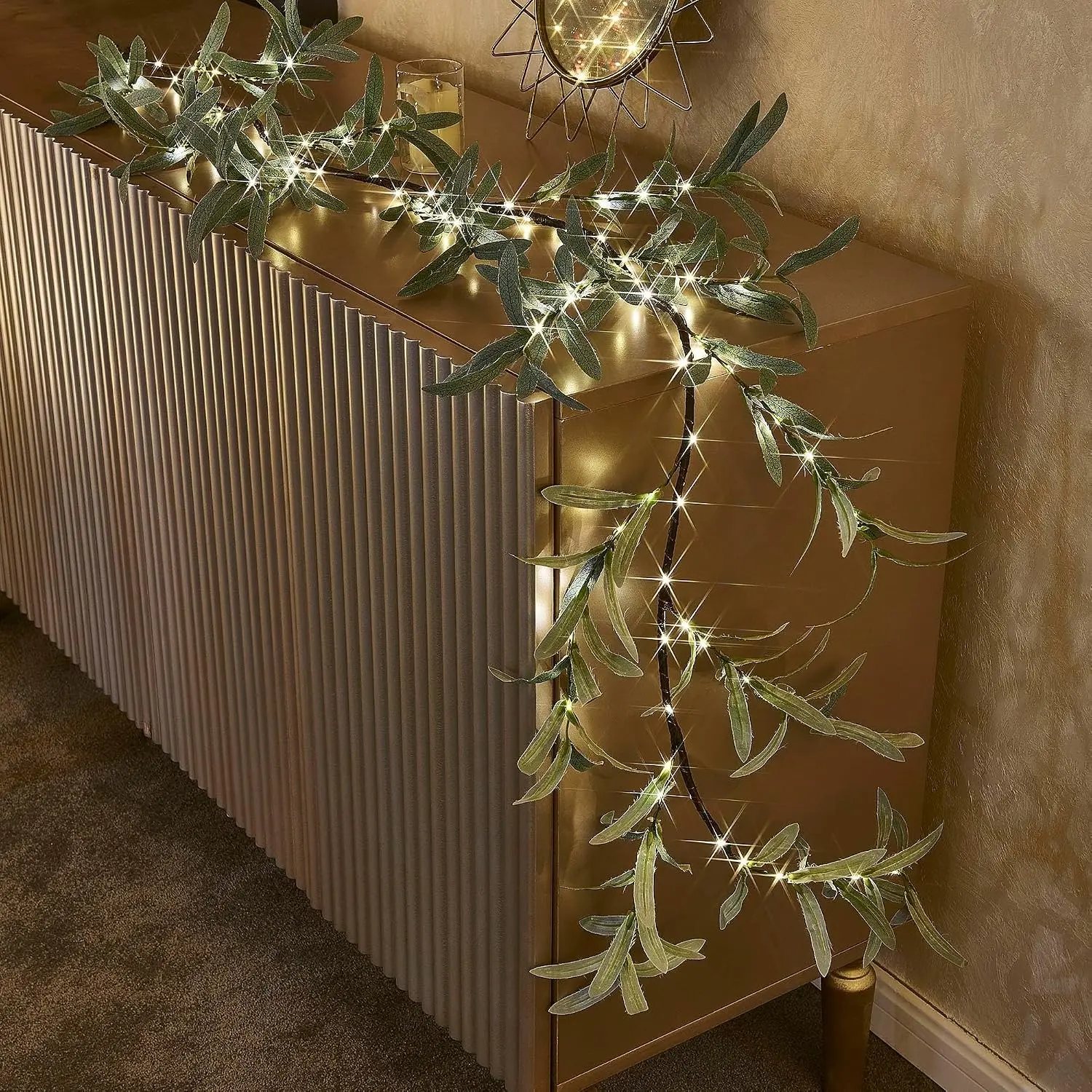 BAOLITVINE Lighted Olive Garland with 96 LED Fairy Lights 6FT Battery Operated with Timer, Faux Greenery Vine Garland with Lights for Fireplace Wall Christmas Spring Decoration