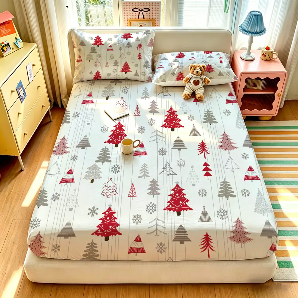 (1 fitted sheet + 2 pillowcases, no filler),Simple Christmas tree pattern,Fitted Sheet 3-piece bedding set made of soft comfy polyester, machine washable without deformation, great bedding supplies for bedroom and dormitory use