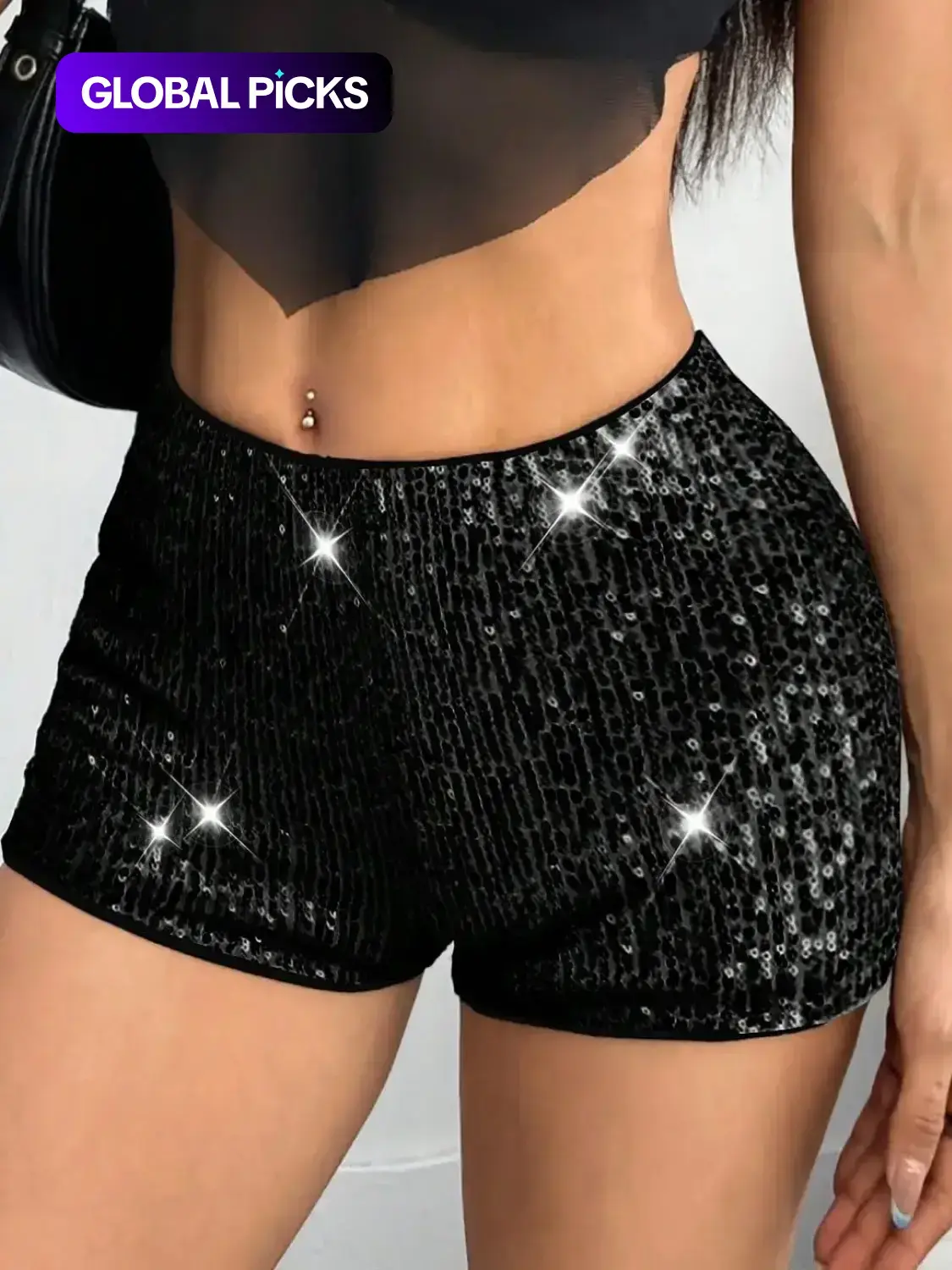 Sequin shorts women, black, high waisted, sparkly party, bodycon, glitter, clubwear, stretch, slim fit, disco, club shorts, Fitted fashion shorts, Elastic Waist Short