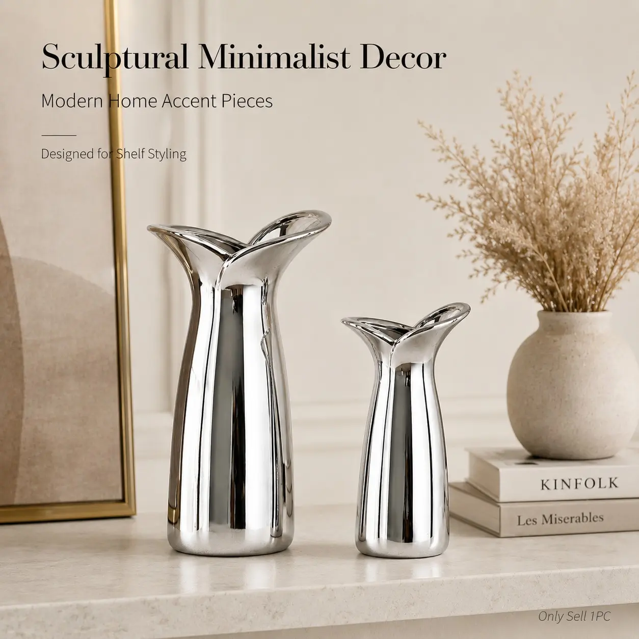 Modern Luxury Silver Color Ceramic Vase, Mirror Finish Sculptural Flower Arrangement, Elegant Bell Shape Desktop Decor, Ideal for Living Room, Entryway, Dining Room, Decorative Flower Vase