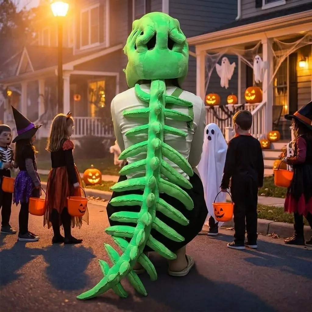 Realistic Dinosaur Skeleton Costume Set for Adults, Plush Spine Full-Body Onesie with Headband, Wearable Skeleton Costume, Perfect for Halloween & Cosplay