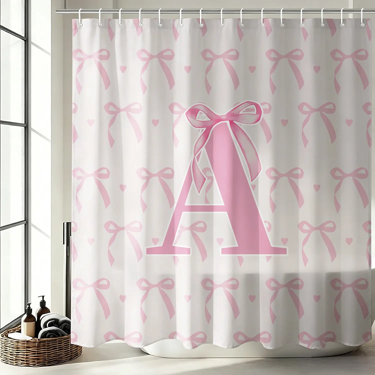 Pink Bow Letter A~Z Pattern Shower Curtain, Personalized Bathroom Decor, Waterproof, Free Plastic Curtain Hooks Included, Machine Washable, Cute Girly Bath Curtain