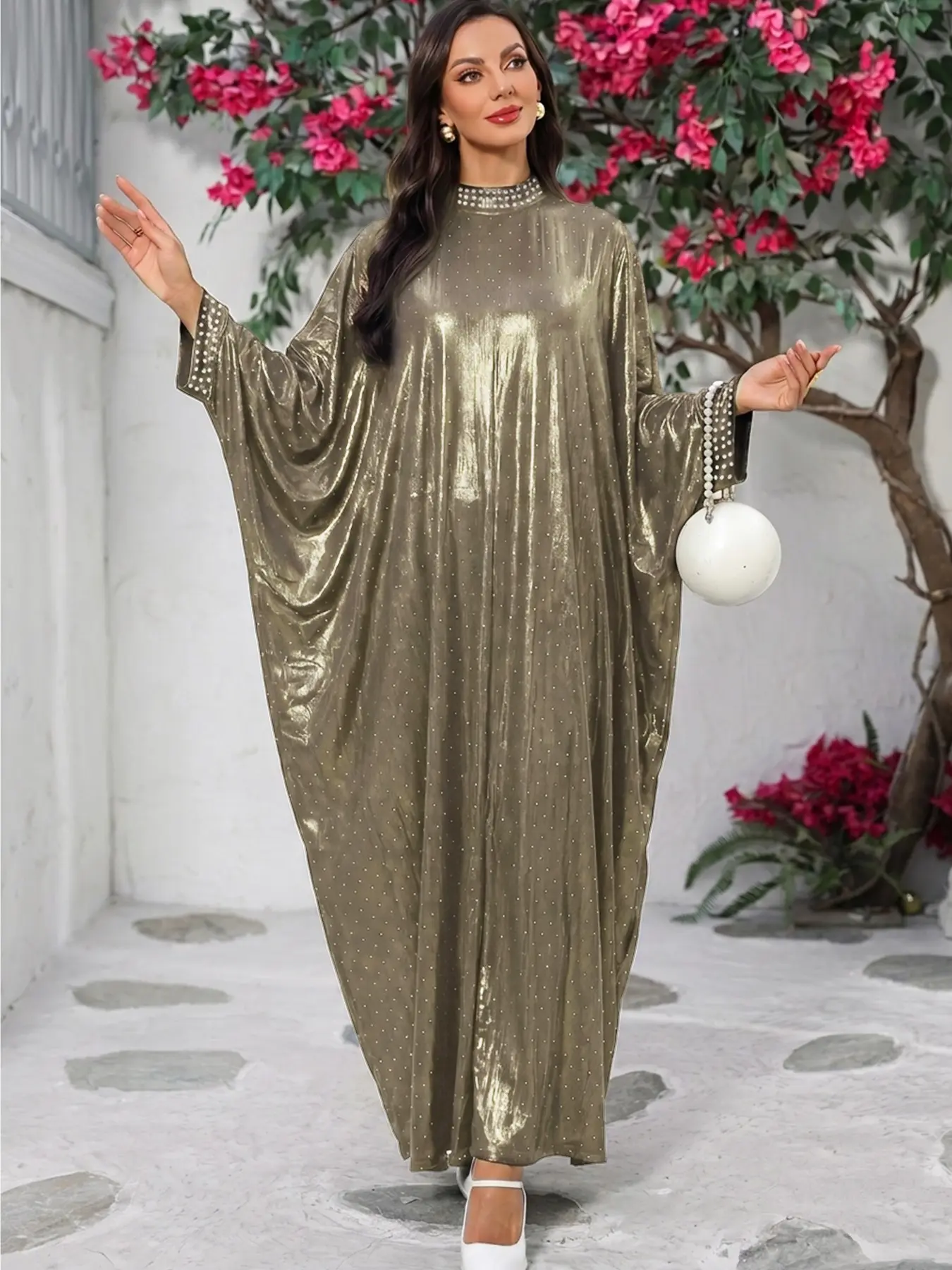 Middle Eastern Muslim Elegant Islamic Clothing Metallic Sheen Batwing Sleeve Abaya, New Rhinestone Loose Dress, Dubai Abaya, Long Sleeve, All Seasons