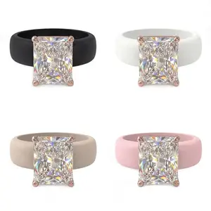 Women's Silicone Ring with Large Rectangle CZ Stone, Rose Gold Prong Setting, Comfortable Sport Wedding Band, Anti-allergy Jewel