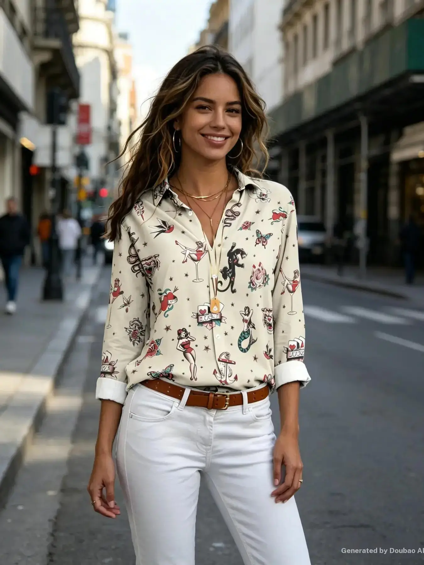 2026 New Women's American Old School Retro Tattoo Print Long Sleeve Button Shirt, Unique Sailor Mermaid Collar Loose Fit Blouse Tops