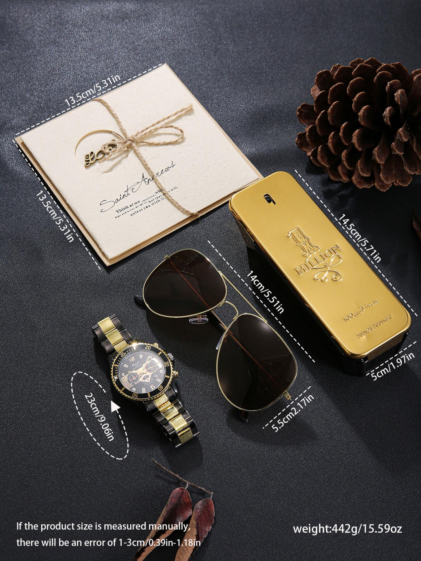 5pcs Watch Set, Cool Stainless Steel Quartz Watch + Perfume + Decorative Glasses, Multiple Colors Available, Perfect Birthday Gift