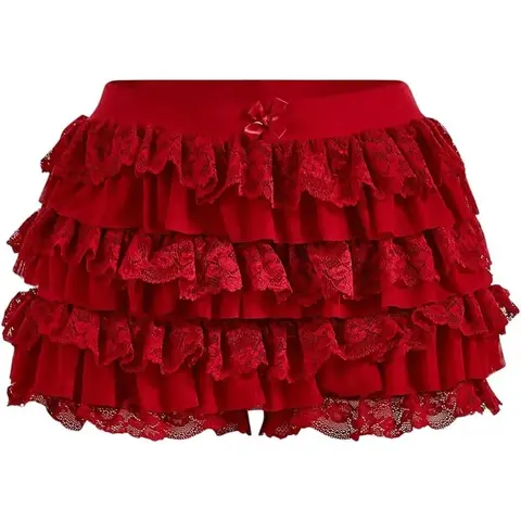 Women’s Y2K Low Rise Lace Ruffle Bloomers - Elastic-Waist Micro Shorts with Bow Front, Shorts for Women, Festival Wear, Concert Wear, Clubbing Clothes, Going-Out Clothing
