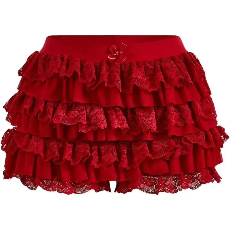 Women’s Y2K Ruffle Lace Bloomers, Elastic-Waist Micro Shorts with Bow Front for Lolita, Coquette, Festival, Party & Going-Out Outfits