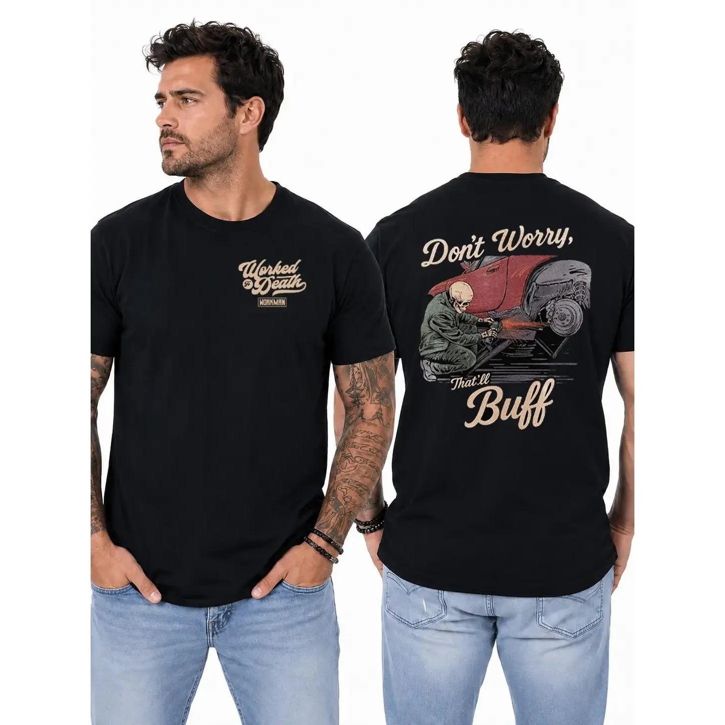 Don’t Worry That’ll Buff T-Shirt, Skeleton Auto Body Repair & Car Polishing Graphic Design, Automotive Work Shirt for Body Shop Technicians & Mechanics, Gift for Car Detailers or Collision Repair Workers