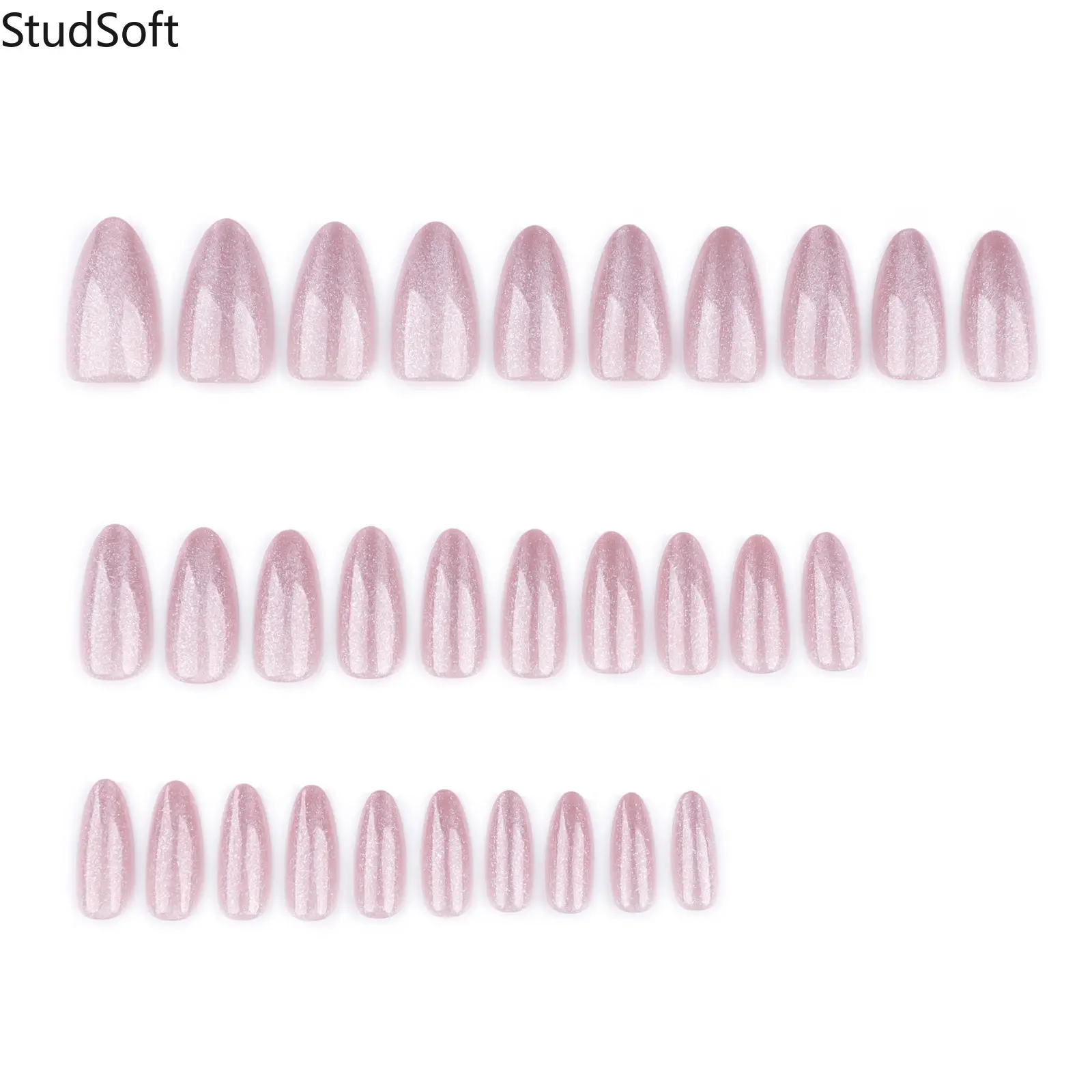 30PCS Nude Pink Cat Eye Press on Nails Shimmer Magnetic Fake Nails Full Cover Medium Almond Artificial False Fingernails Salon Manikure Daily