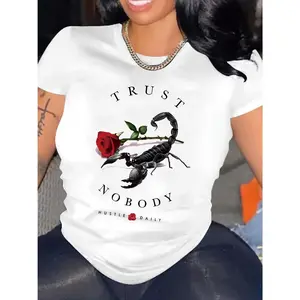 Women's Trust Nobody Scorpion & Rose Graphic Baggy T-Shirt - Crew Neck, Oversized Loose Fit, Short Sleeve, Athletic Geometric Casual Streetwear Valentines Day Top for Everyday Wear