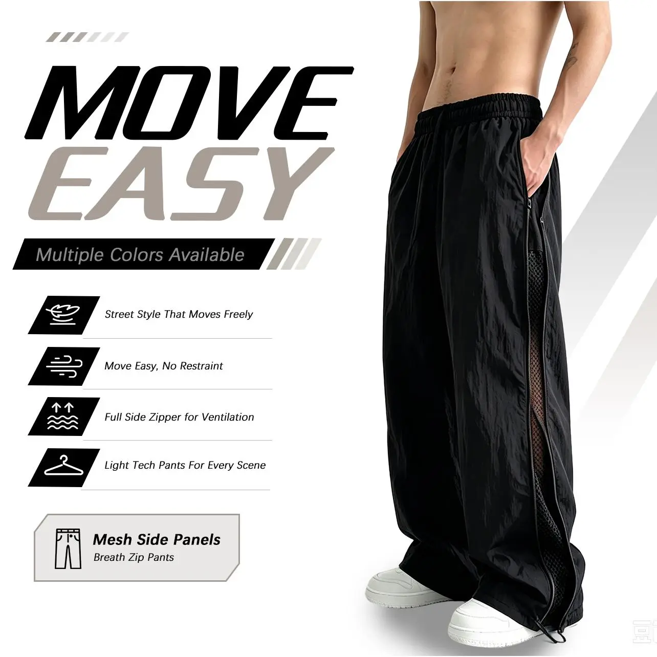 1PC Men Mesh Spliced Wide Leg Track Pants, Elastic Drawstring Waist Breathable Quick Dry Trousers, Side Wave Mesh Panel Loose Straight Leg Bottoms, Sweat Wicking Stretch Fabric for Summer Street Workout, Multiple Solid Colors