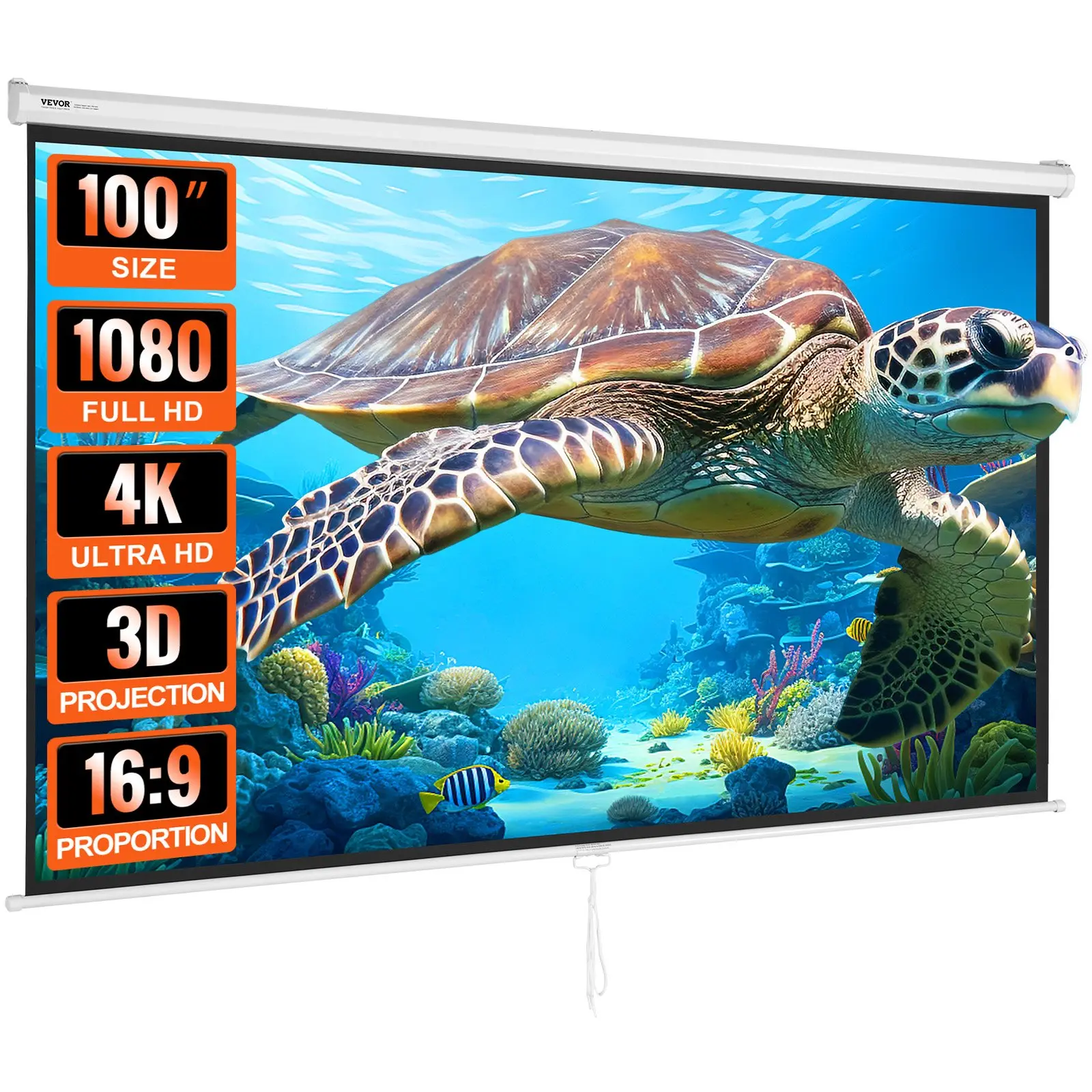 【Summerfinds】VEVOR Manual Projector Screen, 100 inch 16: 9 4K 1080 HD Retractable Pull Down Projector Screen, Auto-Locking Portable Movie Screen for Family Home Office Theater, Projection Screen, Adjustable Screen