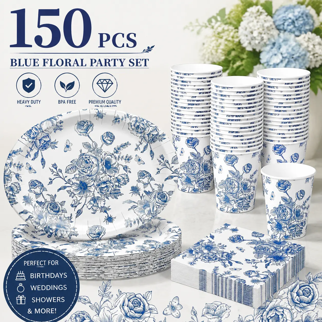 150-Piece Disposable Vintage Floral Party Tableware Set, 10x12-Inch Large Oval Paper Plates, Napkins & Cups for Birthday, Wedding Party Decor, Botanical Print Supplies