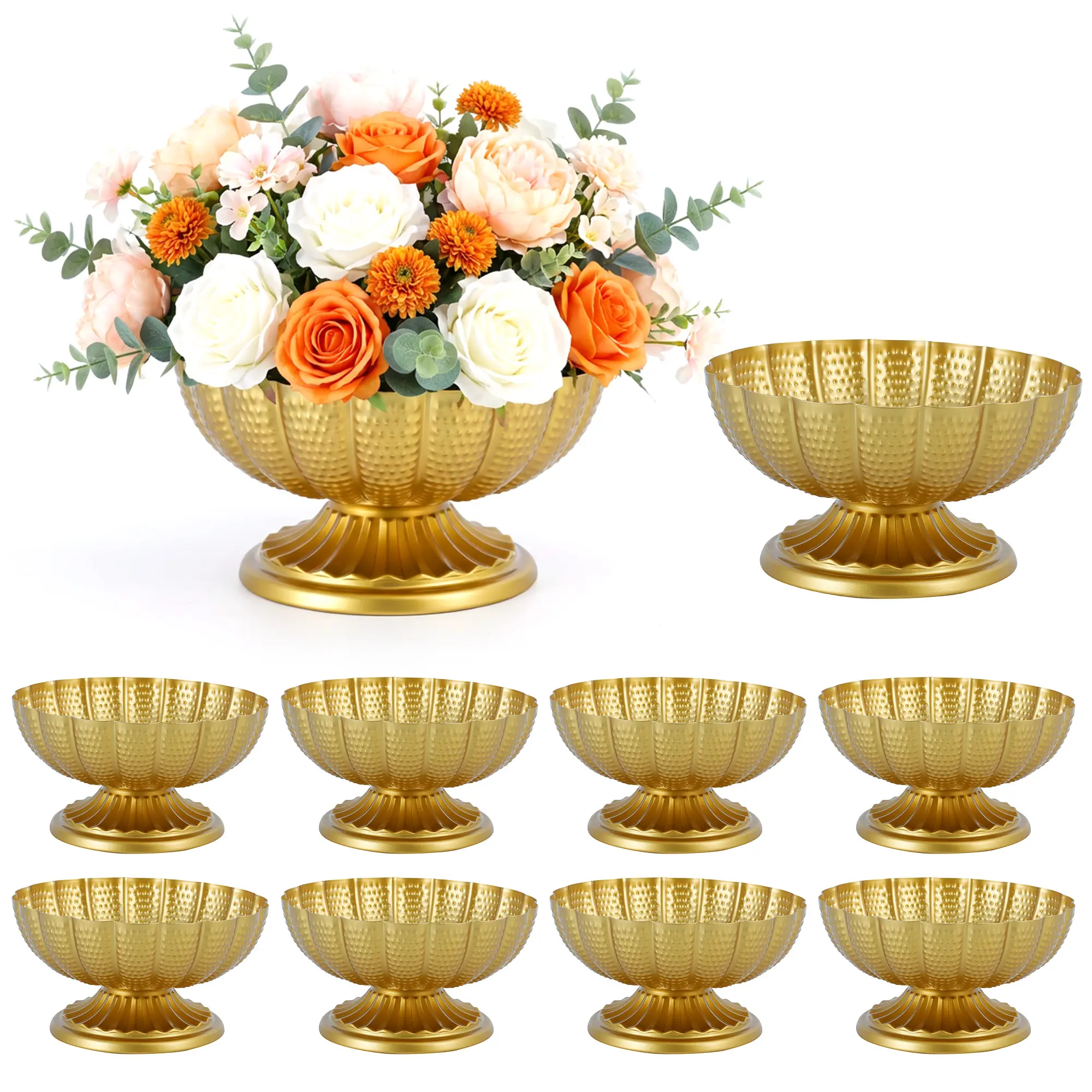 10-Piece Gold Pedestal Centerpiece Bowls - 7.3" Metal Decorative Floral Urn & Fruit Bowl Set for Wedding Party, Holiday Table, Candy & Snack Display