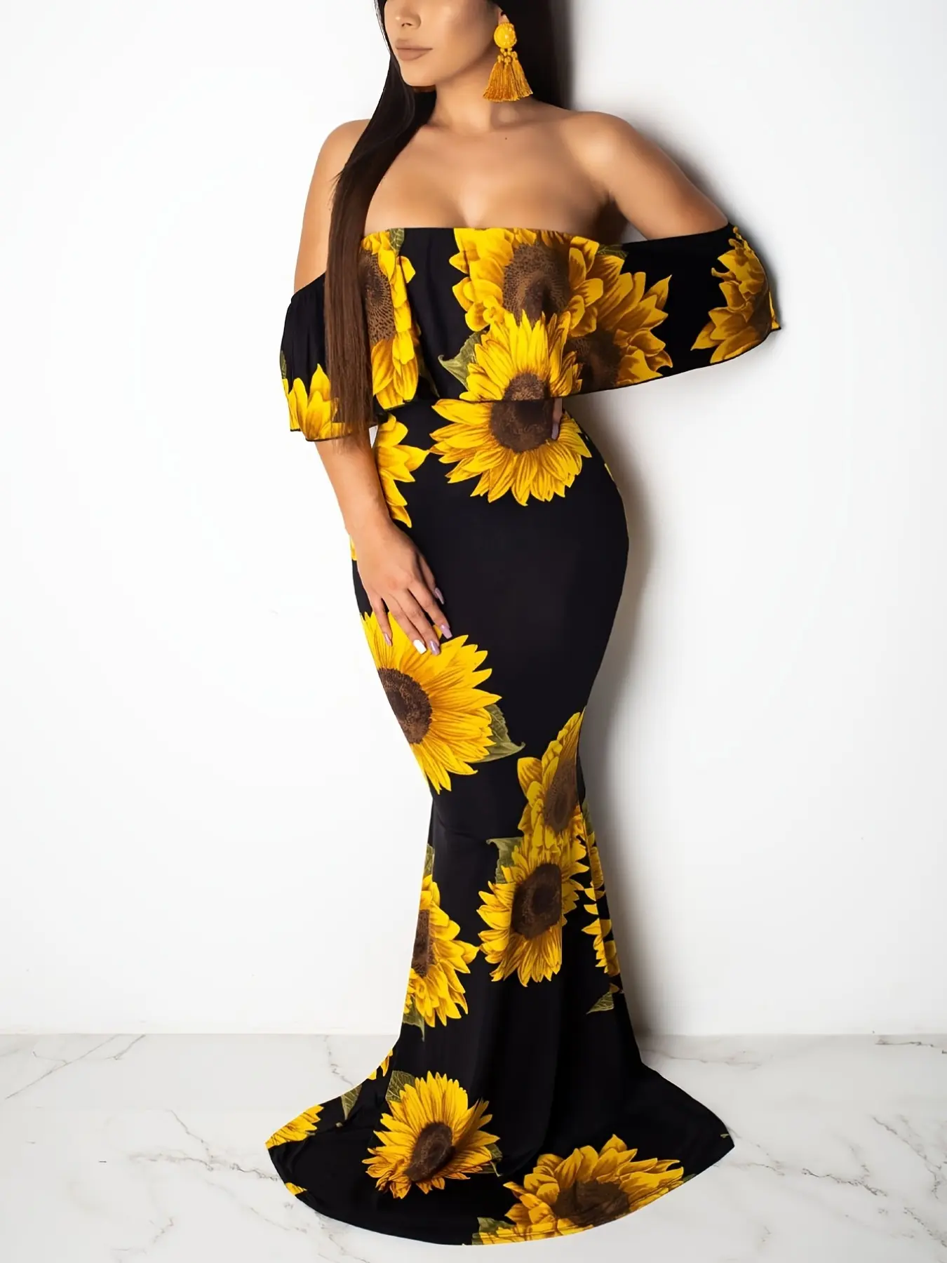 Women Rose Sunflower Floral Print Strapless Sexy Bodycon Beach Party Fashion Dress Slash Neck Off Shoulder Short Sleeve Polyester Floor Length Maxi Dress