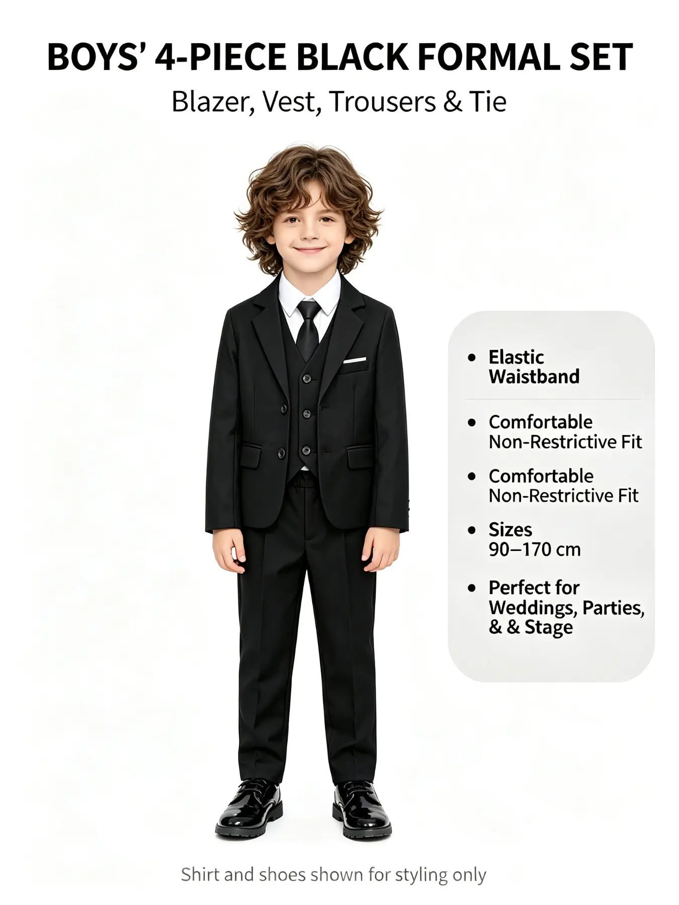 Boys 4 Piece Suit Set | Jacket + Vest + Pants + Tie, Black & Navy Available, Size 100-170cm, Formal Outfit for Toddlers & Teens, Perfect for Wedding, Graduation, Stage Performance, Church Events！（Shirt Not Included）
