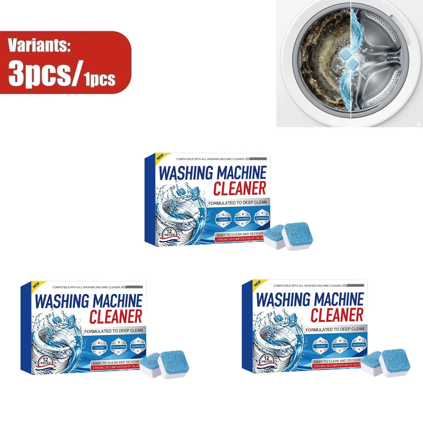 Washing Cleaner Tablets - Deep Clean, Deodorize & Remove Buildup for 1-2 Years Supply -  All Washers, HE & Standard