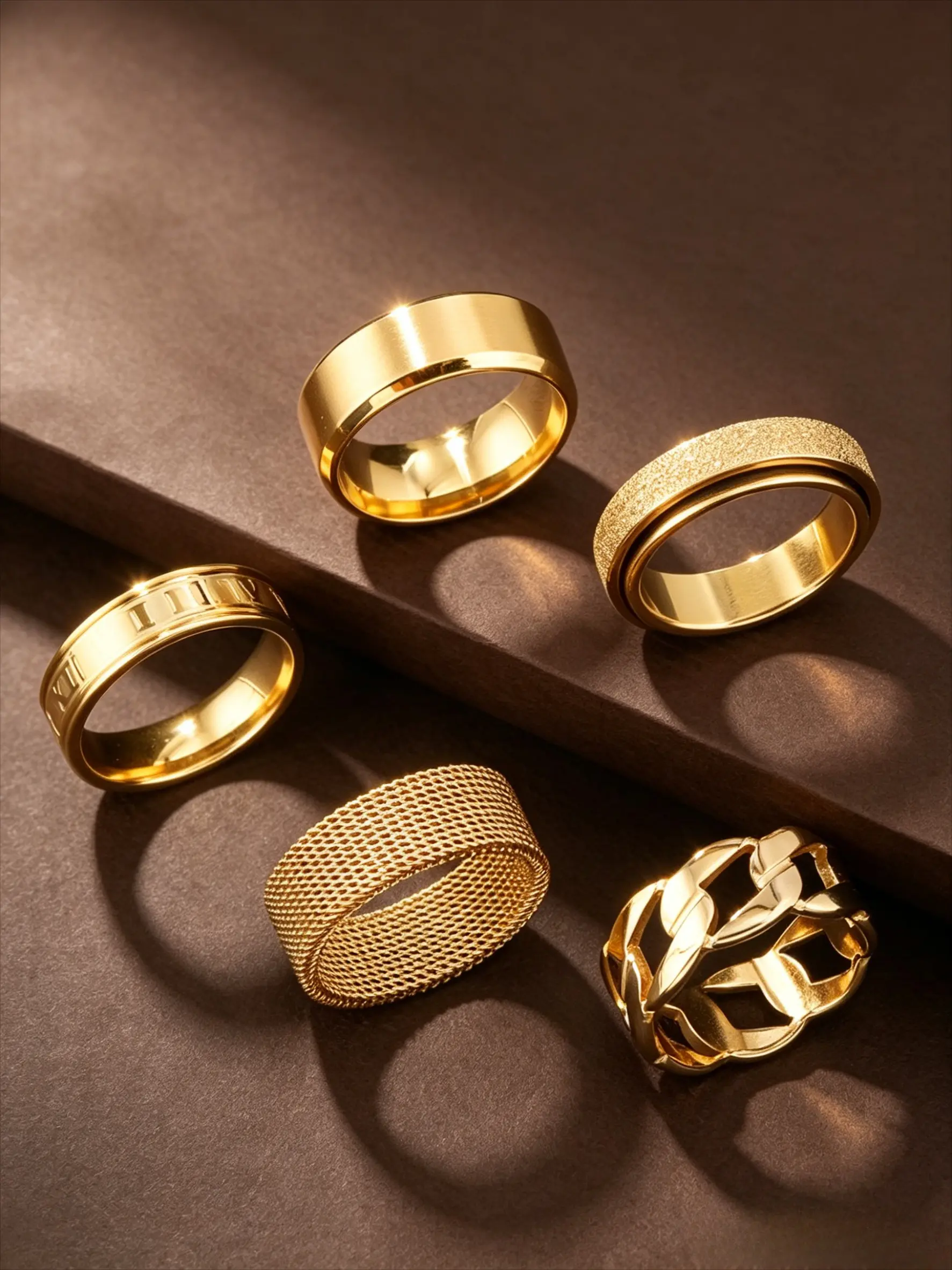 5Pcs Men Stainless Steel Ring Set, Roman Numeral Mesh Spinner Matte Hollow Chain Stackable Bands, Hypoallergenic Fade Resistant Vintage Daily Wedding Band Jewelry Gift For Him, Statement Multi Ring
