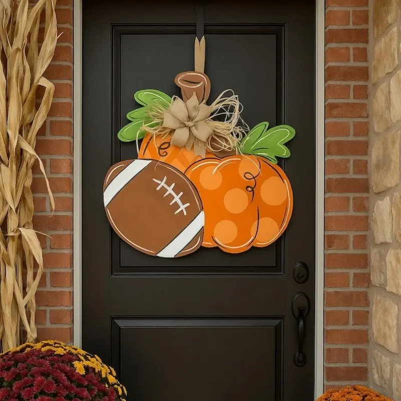 Football Pumpkin Fall Door Hanger - Wood Thanksgiving, Halloween & Decorative Decor with American Football Design, Orange & White Pumpkins, Ribbon Accents for Front Door, Porch, or Home Entrance, Festive Entrance Decor | Durable Decor