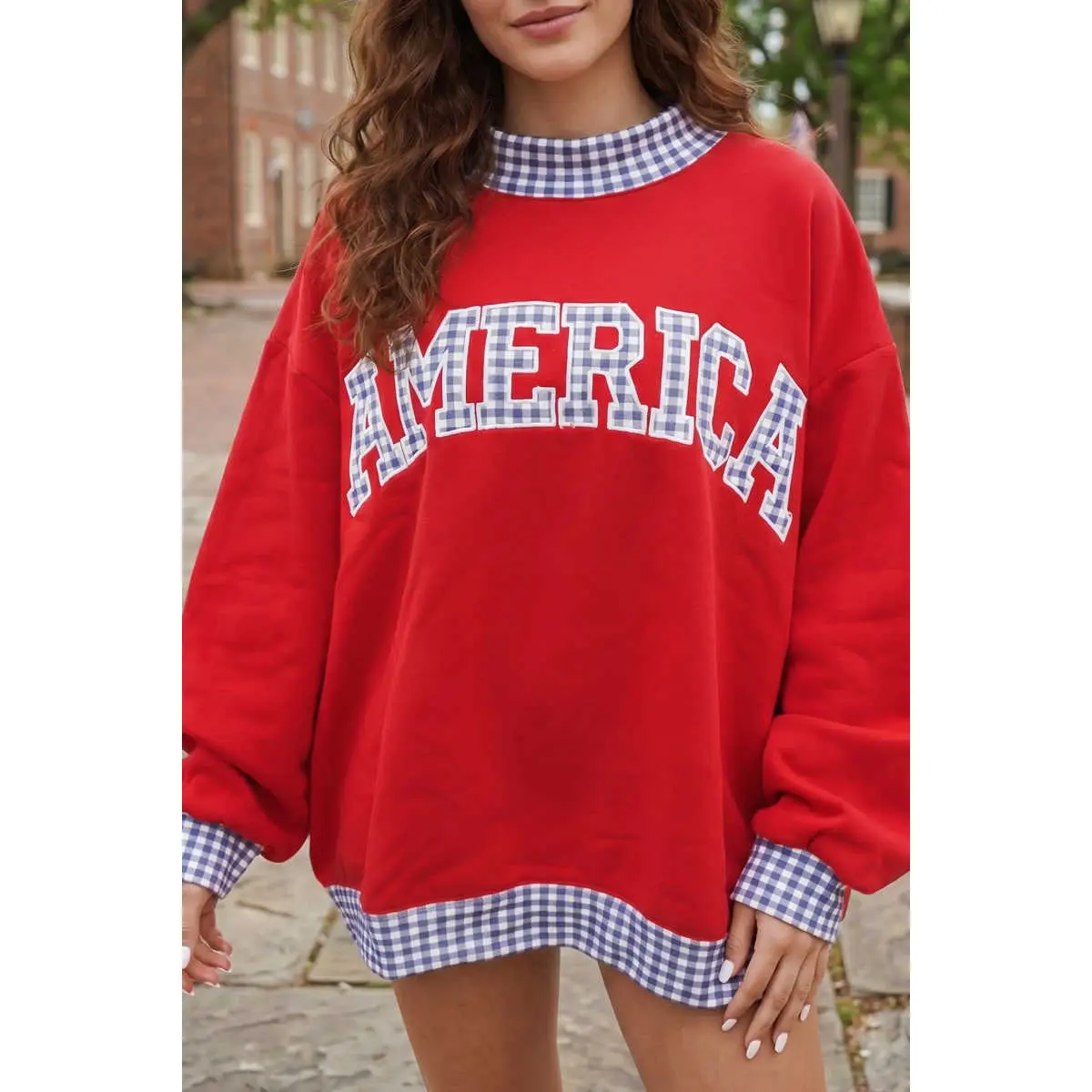 Red Plaid Trim High Neck AMERICA/ USA Letter Graphic Baggy Sweatshirt