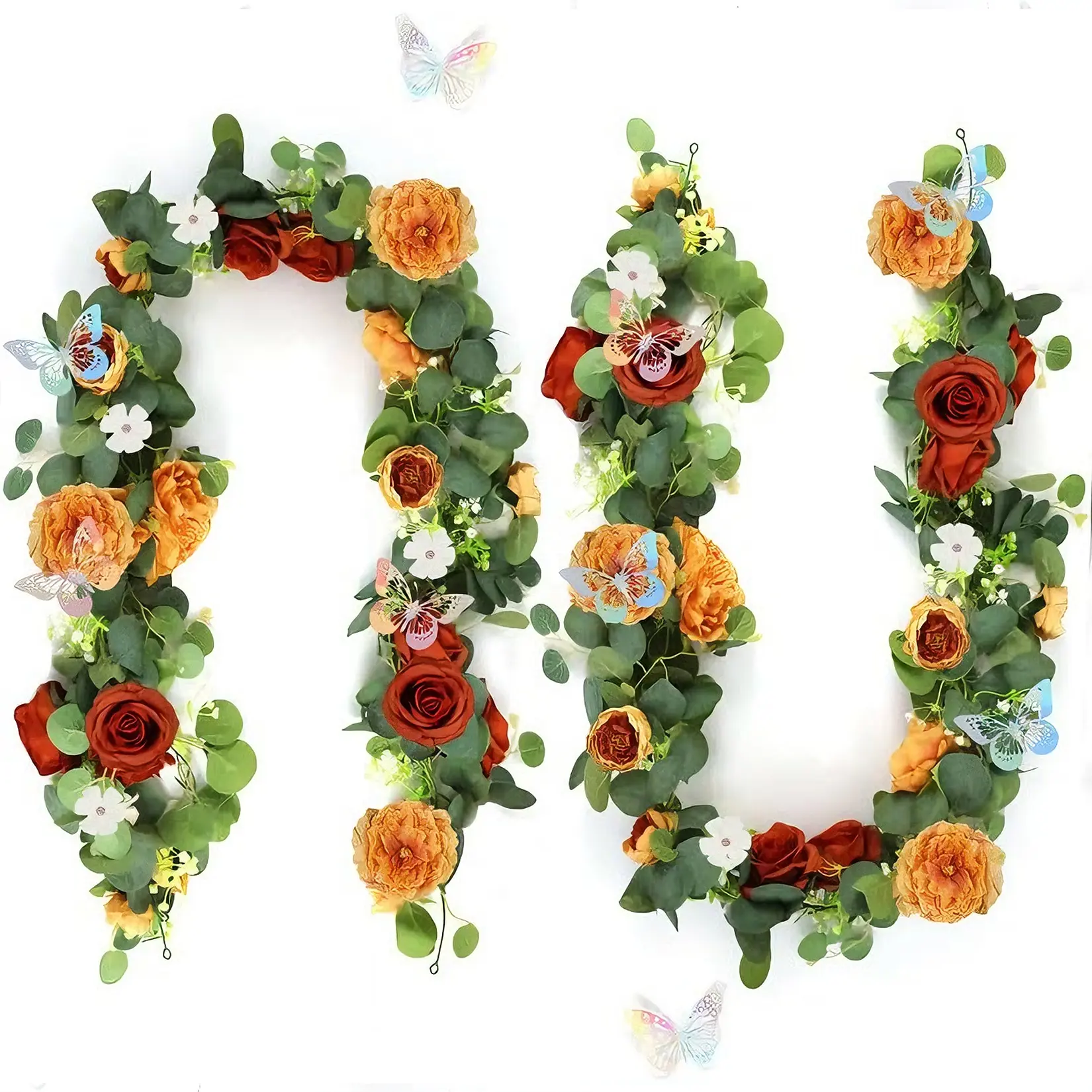 2-Pack Plastic Silk Cloth Decorative Artificial Eucalyptus & Navy Blue Rose Garland, 180cm Floral Vine with 3D Silver Butterflies & Sage Ornaments, Gift Hanging Artificial Flowers for Wedding Arch, Home Decor, Floral Decor