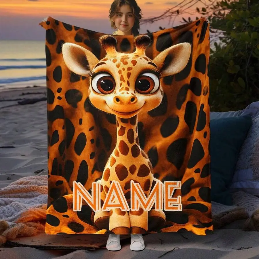 Personalized Giraffe Throw Blanket - Custom Name Flannel, Wrinkle-Resistant, Soft, Multi-Size, Animal-Themed Wedding/Glam Milestone Gift for Toddlers, Cozy Setup & Safari Nursery Decor