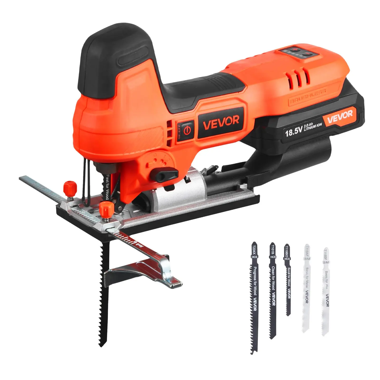 【DealsForYouDays】VEVOR Cordless Jig Saw, 20 V Brushless Motor, 3500 SPM Blade Speed, Cordless Jigsaw with 6 pcs Blades, LED Light, 6 Variable Speed, 0- 45 Bevel Cuts, 4 Orbital Settings for Straight/Circle Cutting