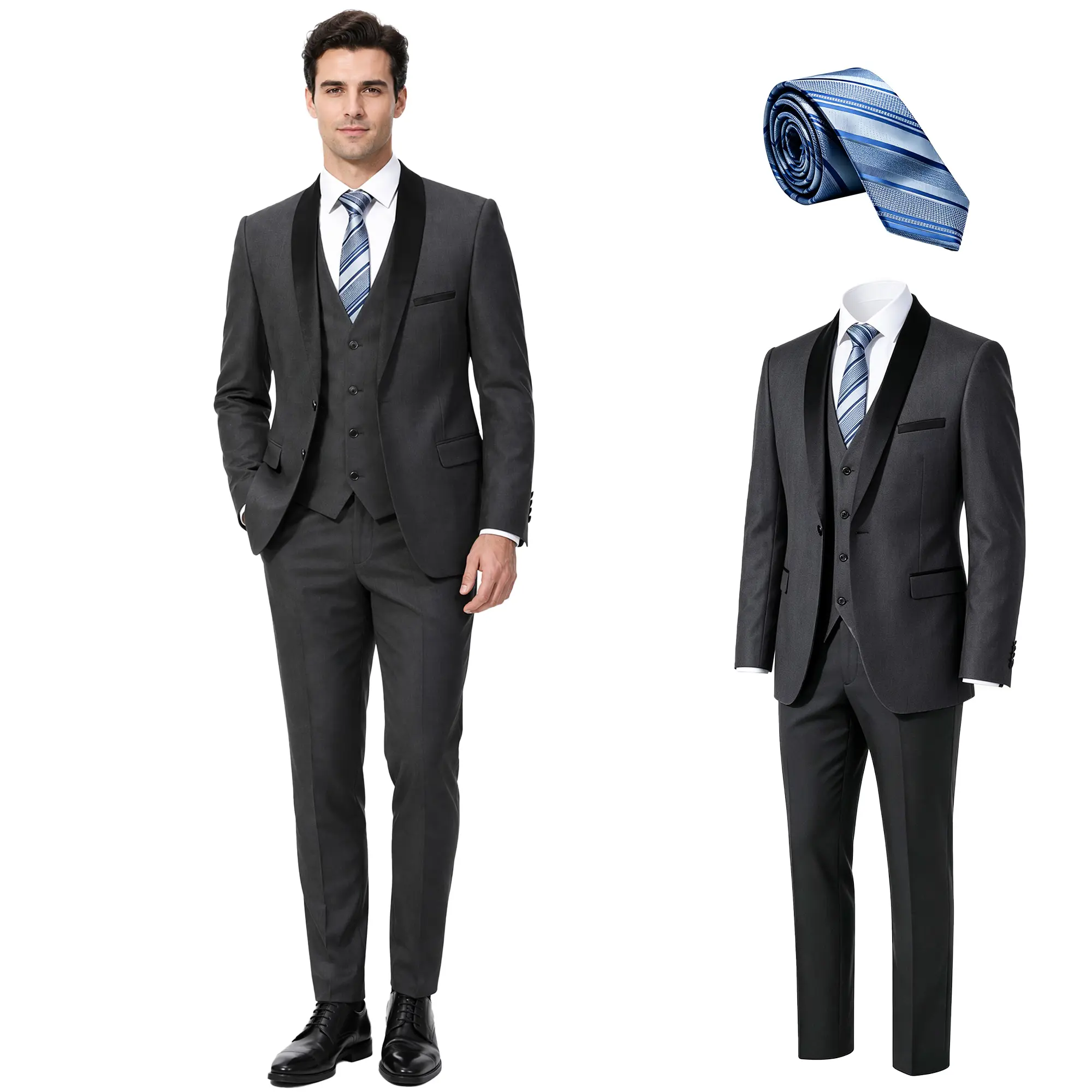 Men's Charcoal 3-Piece Satin Lapel Tuxedo Suit – Formal Blazer, Vest & Pants for Weddings & Gala Events, Comes with Free Necktie