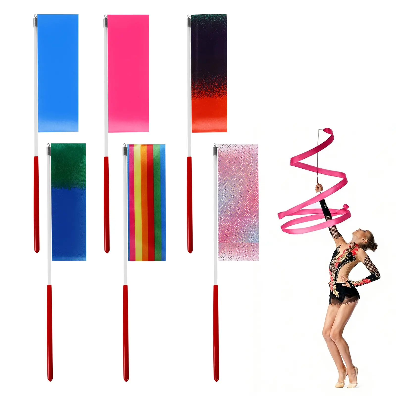 6 Pack Dance Ribbon Wands, 78.7 Inch Long Streamer Ribbons, Non-Slip Handles, Ribbon Twirling Accessories for Dance, Events, Celebrations