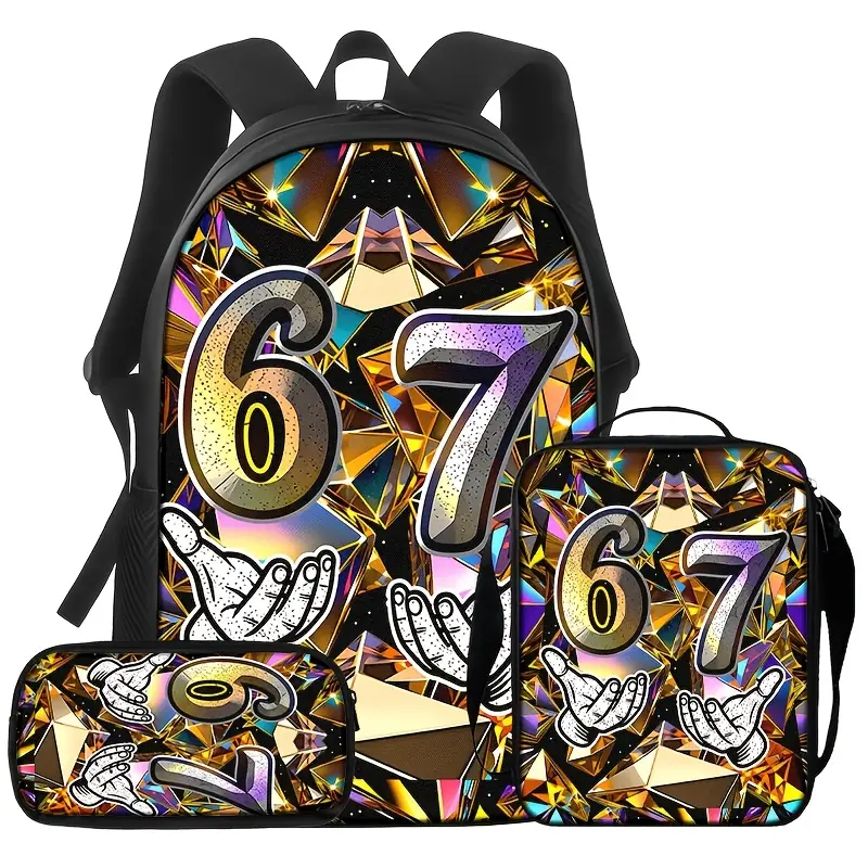 Kids' 3-Piece Metallic 6&7 Number Crystals Backpack Set - Geometric Art Gold School Bookbag, Lunch Bag & Pencil Case, Trendy Cartoon Hands Daypack, Back to School Zippered Gym Gift Bag, Geometric Pattern Backpack, Backpacks