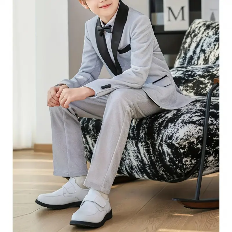 Boys' British-Style Sequined Formal Suit Set - Long Sleeve, Metallic, Elastane, 5-6y, Includes Jacket & Trousers for Flower Boys, Piano Performances