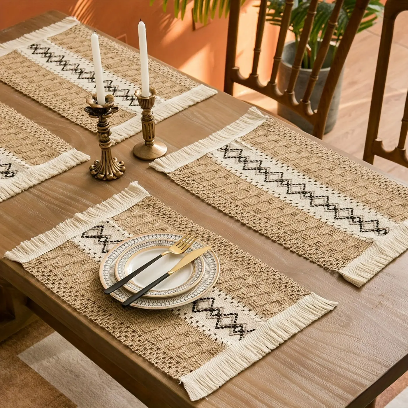 4/6pcs Boho Placemats Set, Macrame Burlap Table Decor And Farmhouse Style Placemats, Nordic Style Table Decoration Mat, Coffee Table Mat, Household Bowl Plate Mat, Home Decoration, Kitchen Decorative Placemat