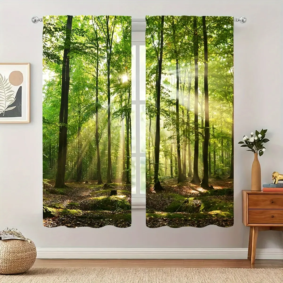 2-Piece Sunlit Forest Scene Print Fashion Curtains - Blackout Fabric, Suitable for Bedroom/Office, Elegant Simple Style Home Interior Decorative Drapes (Ideal for Small Spaces, Gifting)