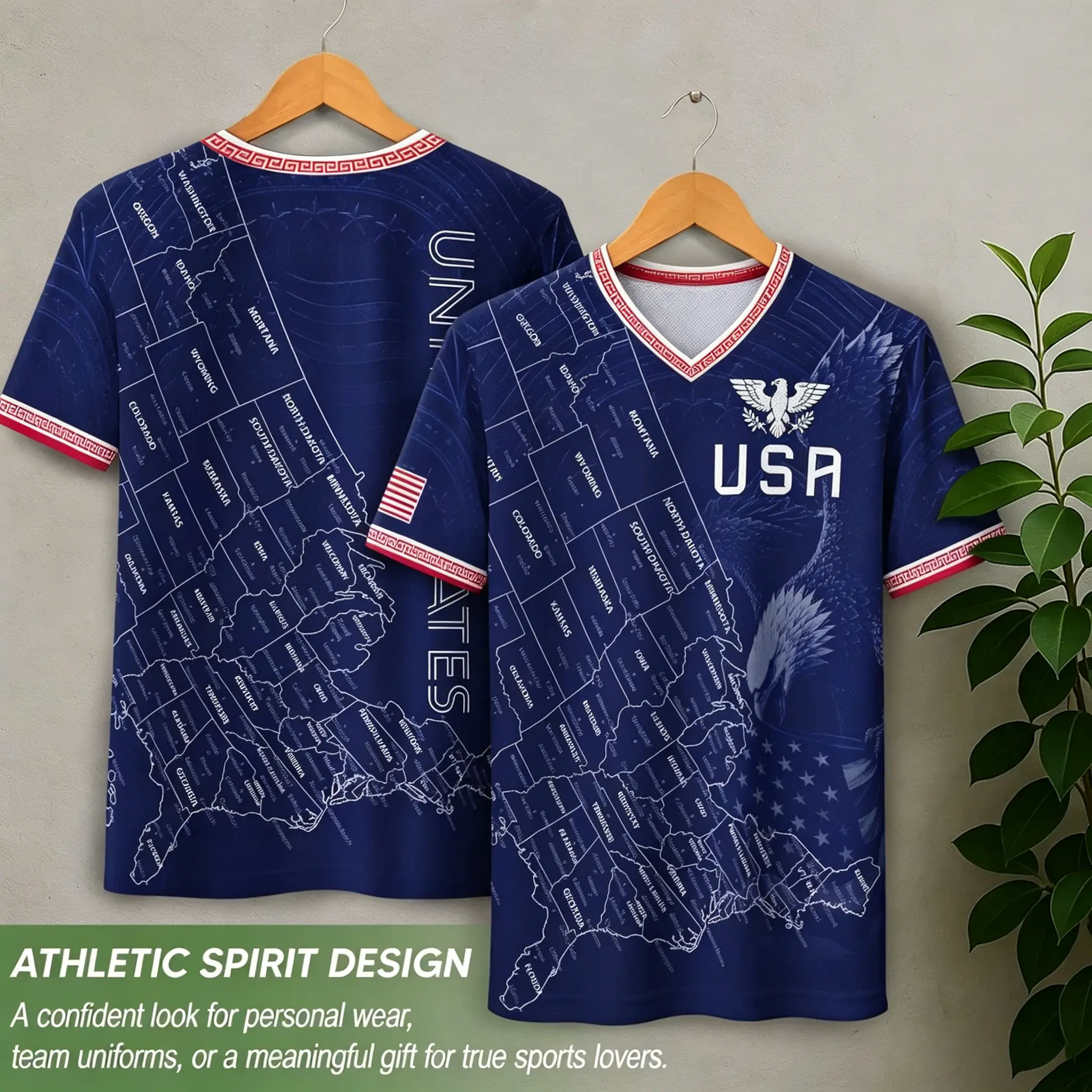 The sporty spirit designs sportswear with the pattern of the United States map and an eagle on it. It supports the national team and is suitable for both sports fans and sports enthusiasts. It is a summer outfit gift for true sports fans.